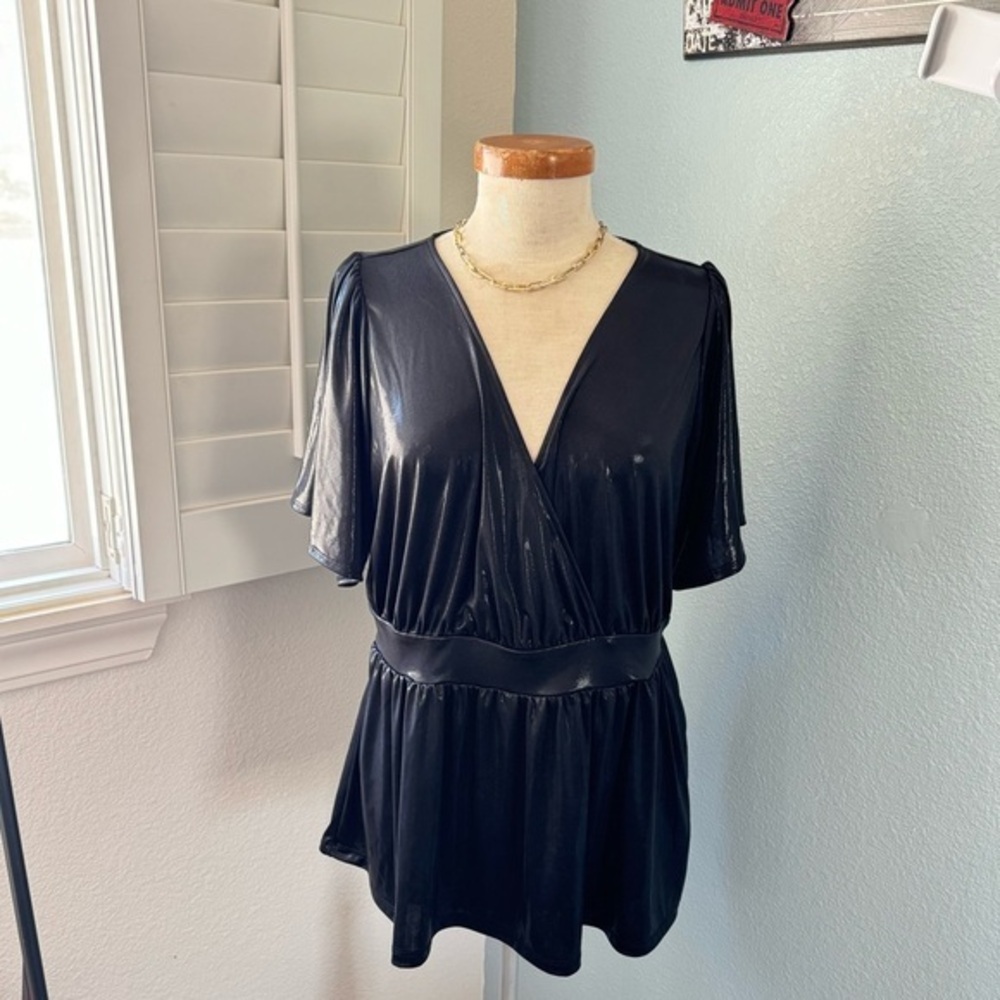 Torrid Black Metallic Flutter Sleeves Surplice Babydoll Top Size 1